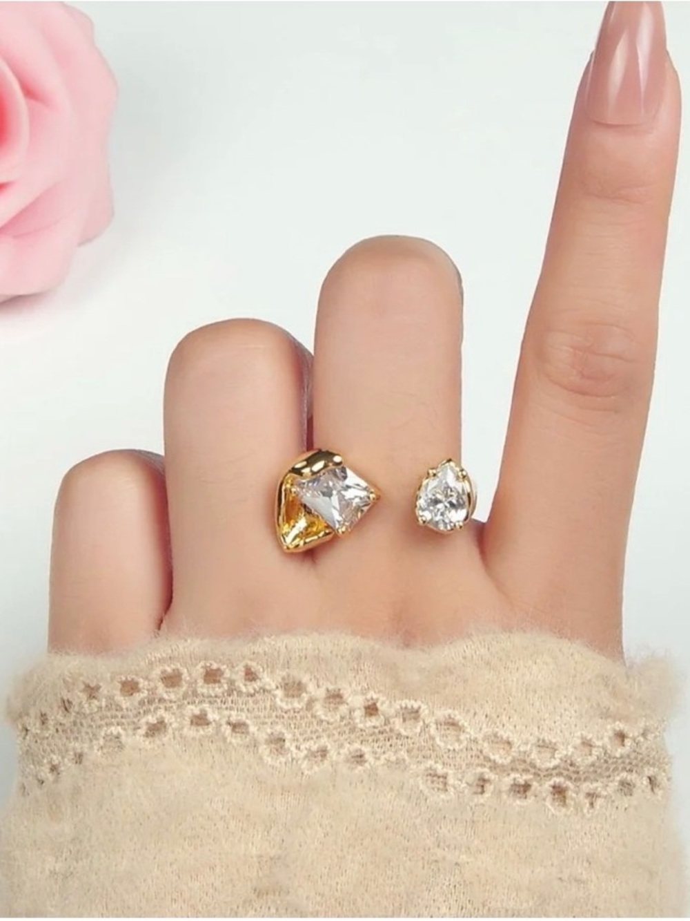 24K Gold Filled Clear CZ Baguette Teardrop Molten Wrap Ring sz 6.5 Adjustable